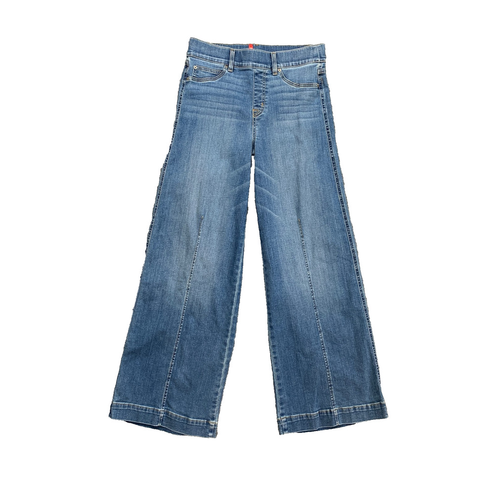 Spanx Jeans Womens PM Petite Denim Seamed Front Wide Leg Pull On Elastic Waist